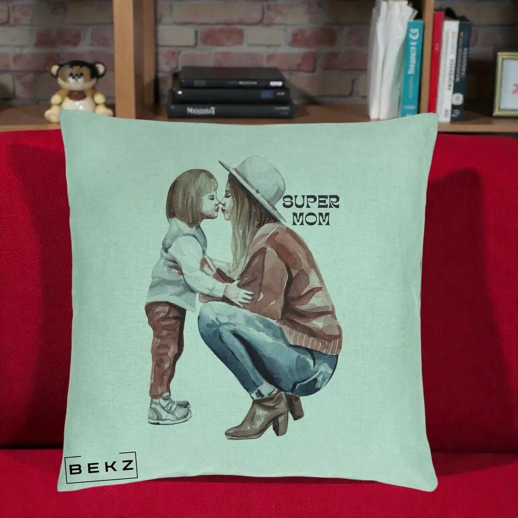 Cadou pentru Mama - Perna Personalizata Super Mom Acuarela, 40x40 cm, Verde Menta, Husa Detasabila, Perna Inclusa, BEKZ®