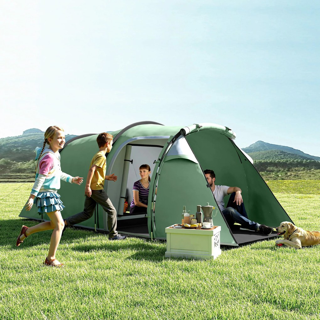 Cort Camping 4 Persoane Outsunny, Impermeabil, Usi cu fermoar 426x206x154cm Verde Inchis | Aosom Romania