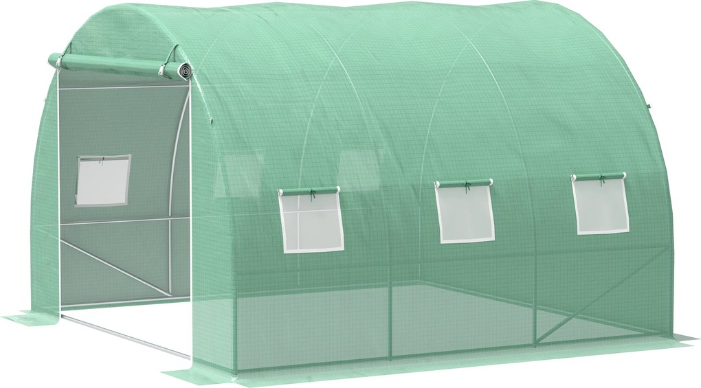 Outsunny Seră de grădină 9 m² seră tunel 3 x 3 x 2 m cu ușă cu fermoar și 6 ferestre din plasă, din oțel și PE, verde | Aosom Romania