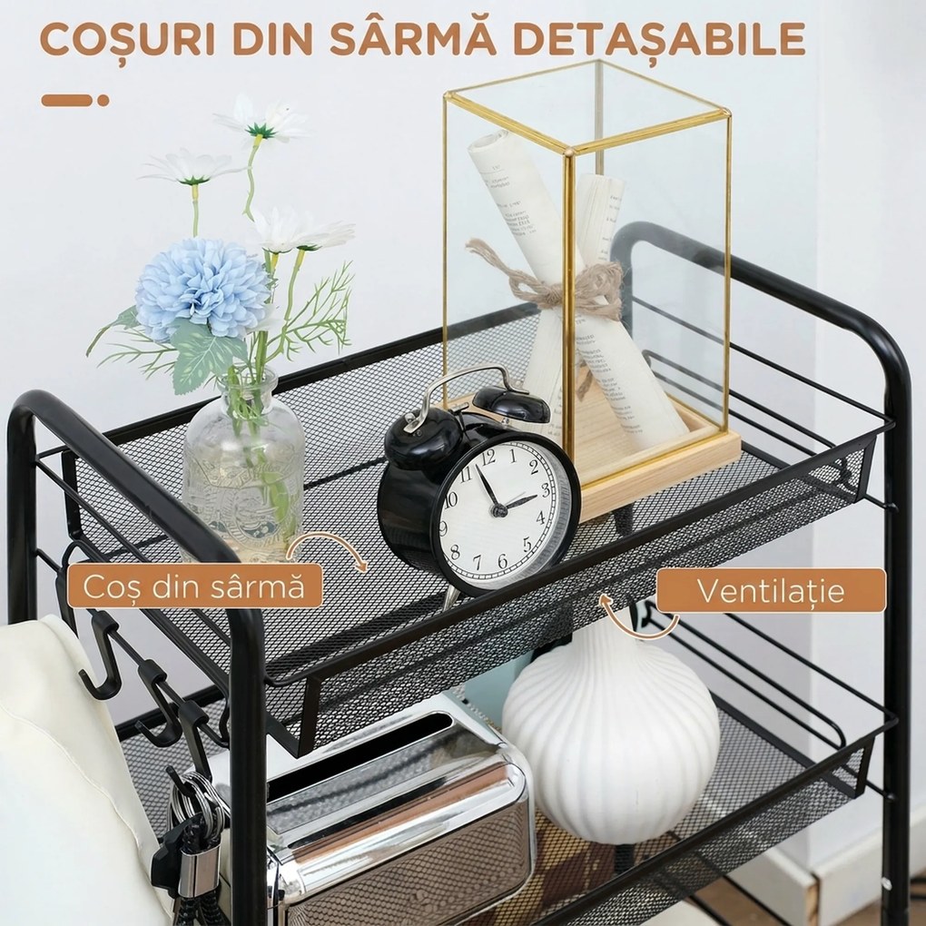 HOMCOM Cărucior Utilitar cu 4 Niveluri, Design Rulant cu Coșuri de Plasă și Cârlige, 45x26.5x84cm, Ideal pentru Bucătărie și Birou | Aosom Romania