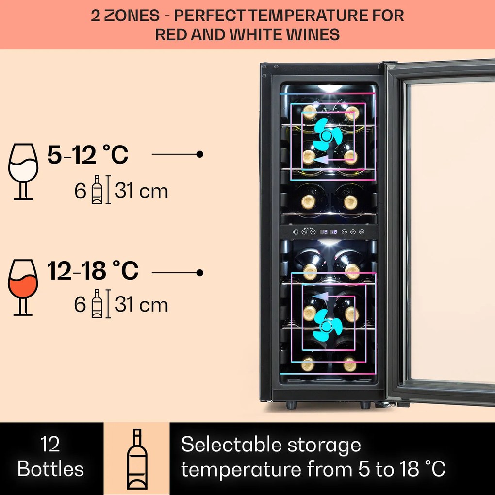 Klarstein Shiraz 12 Duo răcitor de vinuri Duo 2 zone 42L/12 sticle 5-12 / 12-18 °C Touch