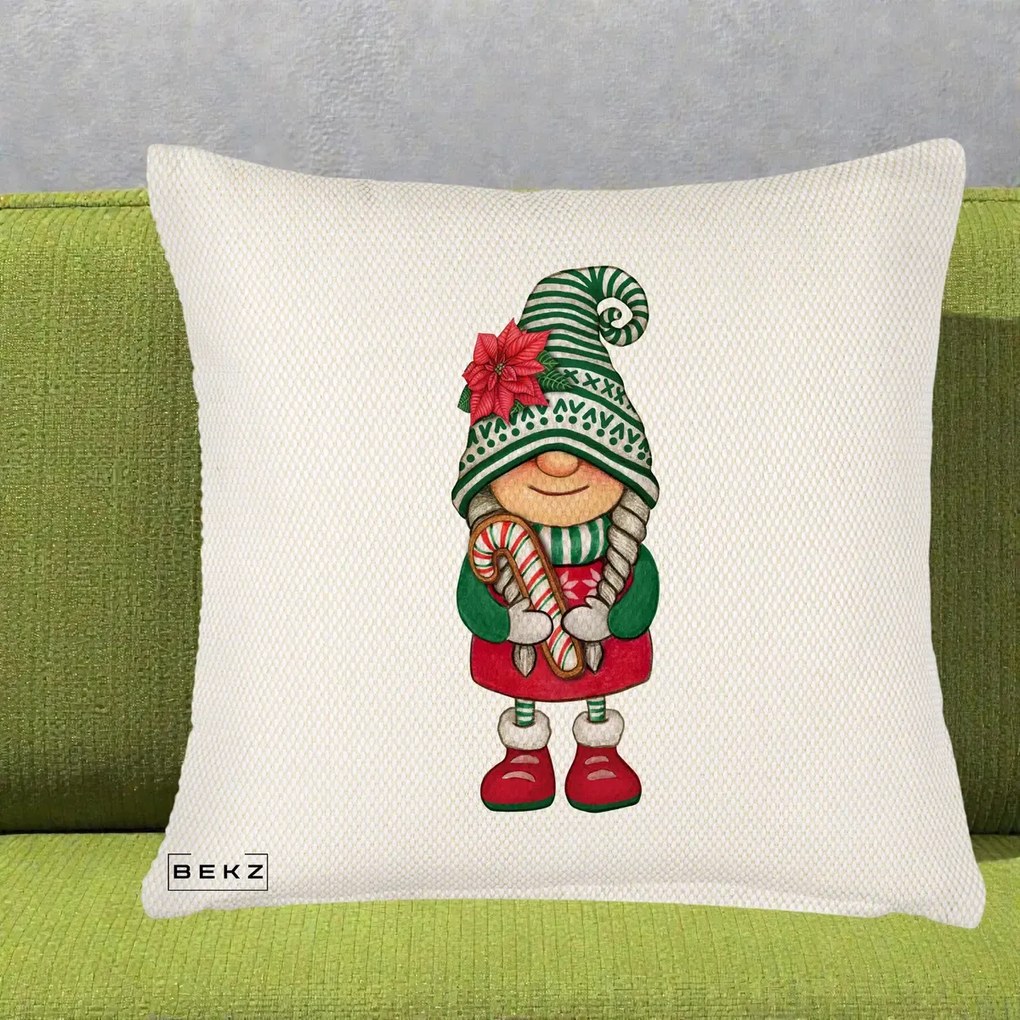 Perna Decorativa Gnom Craciun Verde cu Bomboane si Floare, 40x40 cm, Crem Reliefat, Husa Detasabila, Perna Inclusa, BEKZ®