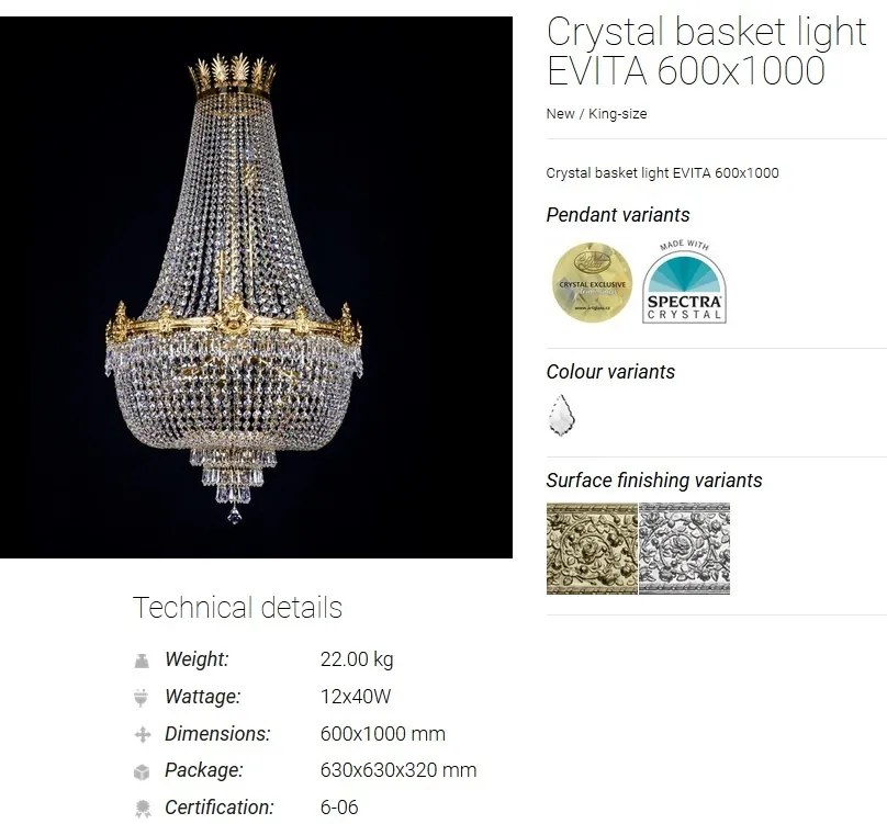 Lustra XL eleganta, Cristal Bohemia Exclusive EVITA 600x1000 CE