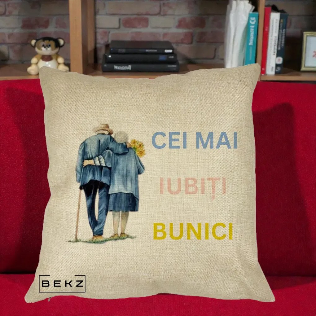Cadou pentru Bunici - Perna Personalizata Cei Mai Iubiti Bunici Acuarela Spate, 40x40 cm, Crem, Husa Detasabila, Perna Inclusa, BEKZ®