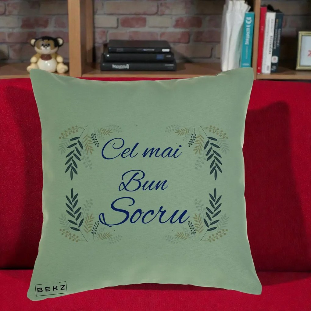 Cadou pentru Socru - Perna Personalizata Cel mai Bun Socru cu Ramuri Frunze Albastre si Aurii, 40x40 cm, Verde, Husa Detasabila, Perna Inclusa, BEKZ®