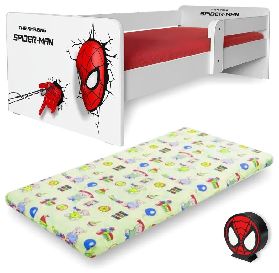 Pat Spiderman P1 pentru baieti 2-12 ani cu saltea cu lana 160x80, protectie detasabila si lampa veghe 3D - Pc-p-lmk-spdm-P1-80