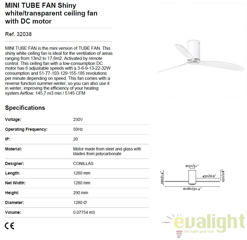 Ventilator de tavan modern cu telecomanda MINI TUBE FAN ab lucios/transparent 32038