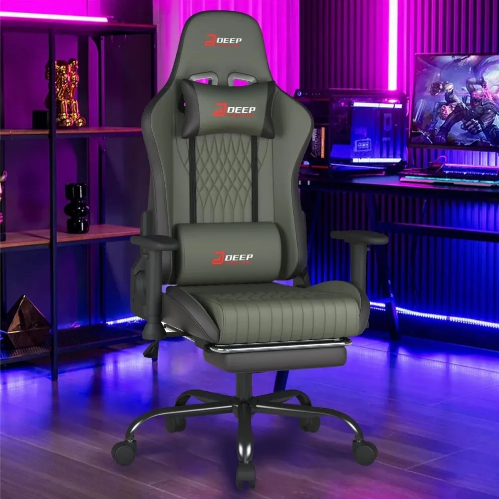 Scaun gaming, Pernă lombară cu Masaj vibrator, Suport pentru picioare, Cotiere 2D, piele PU, Gri