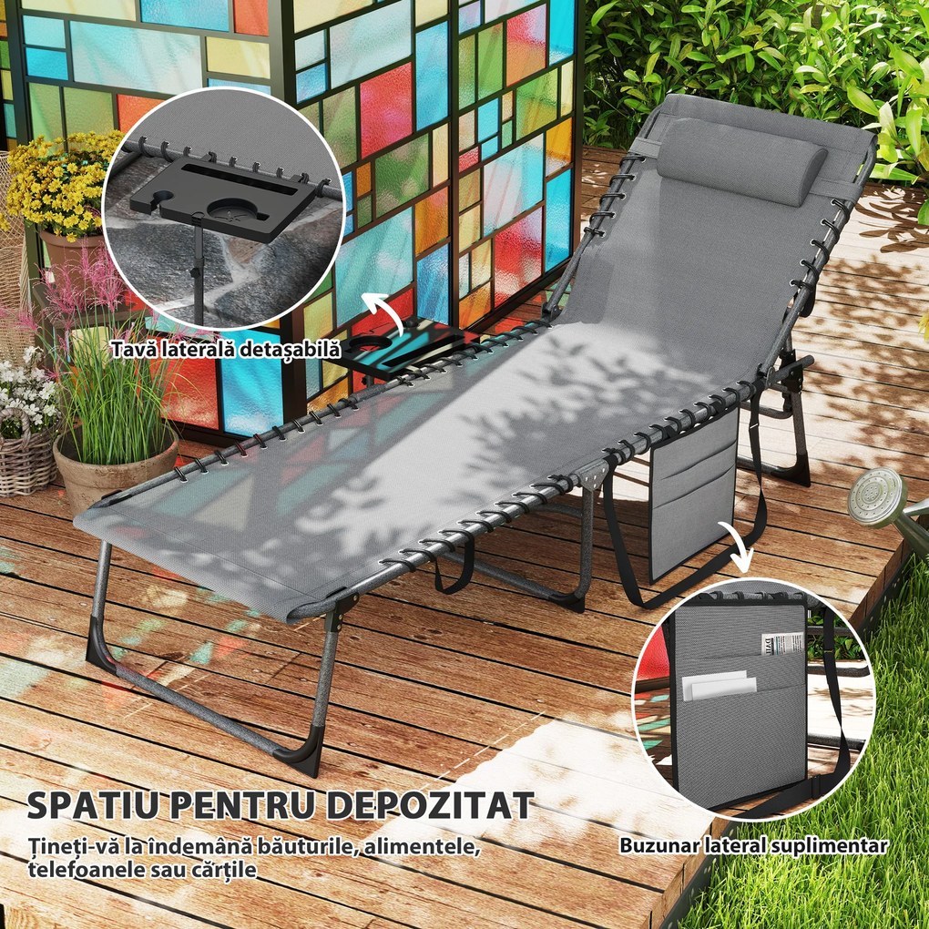 Outsunny Șezlong de Grădină Pliabil și Reglabil în 5 Poziții cu Măsuță Laterală, 60x190x31 cm, Gri | Aosom Romania