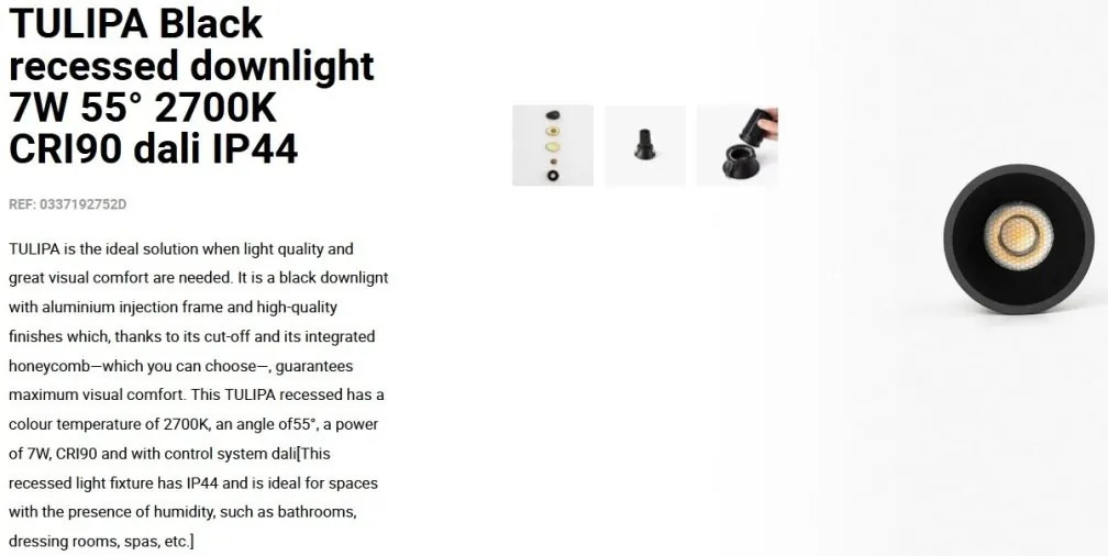 Spot LED incastrabil TULIPA Black recessed downlight 7W 55° 2700K CRI90 dali IP44