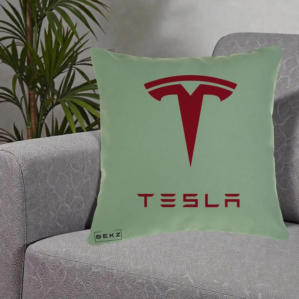 Perna Personalizata cu emblema Tesla, 40x40 cm, Verde, Husa Detasabila, Perna Inclusa, BEKZ®