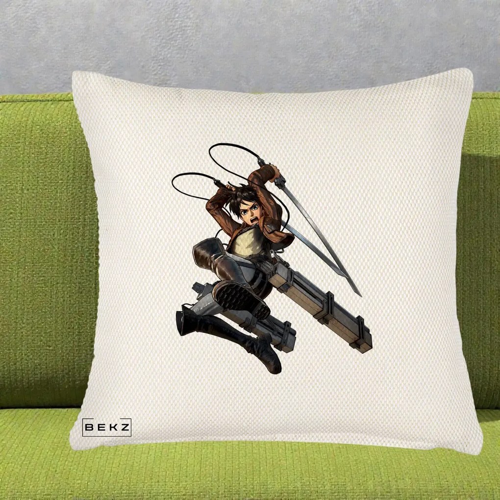 Perna Personalizata Attack on Titan Eren Yeager Lupta, 40x40 cm, Crem Reliefat, Husa Detasabila, Perna Inclusa, BEKZ®