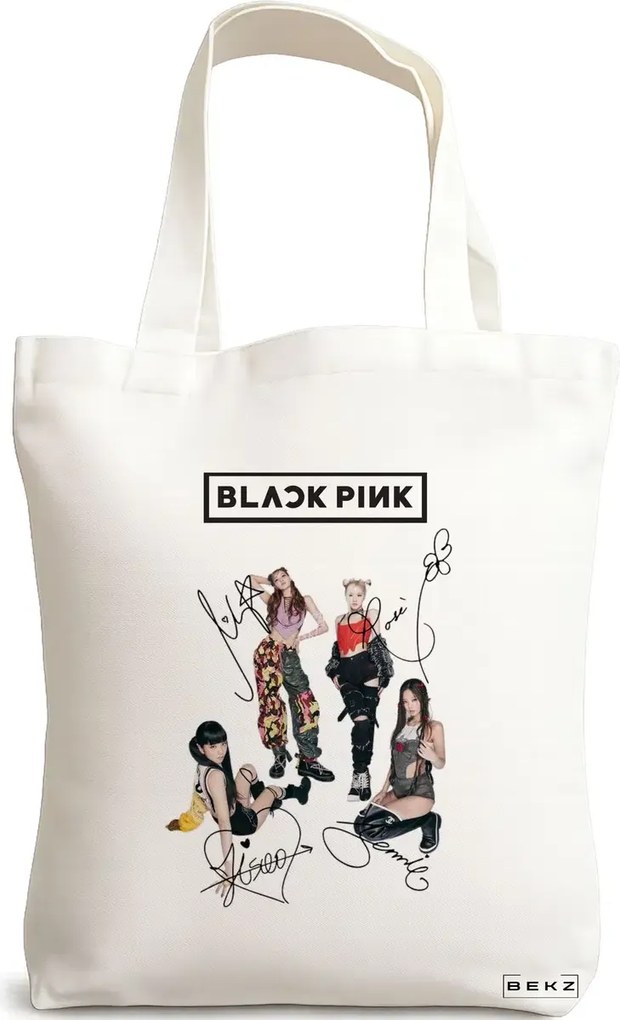 Sacosa de Panza pentru Cumparaturi, Geanta Tote, model Blackpink 6 cu semnaturii, 38x34.5 cm, Alba, BEKZ®