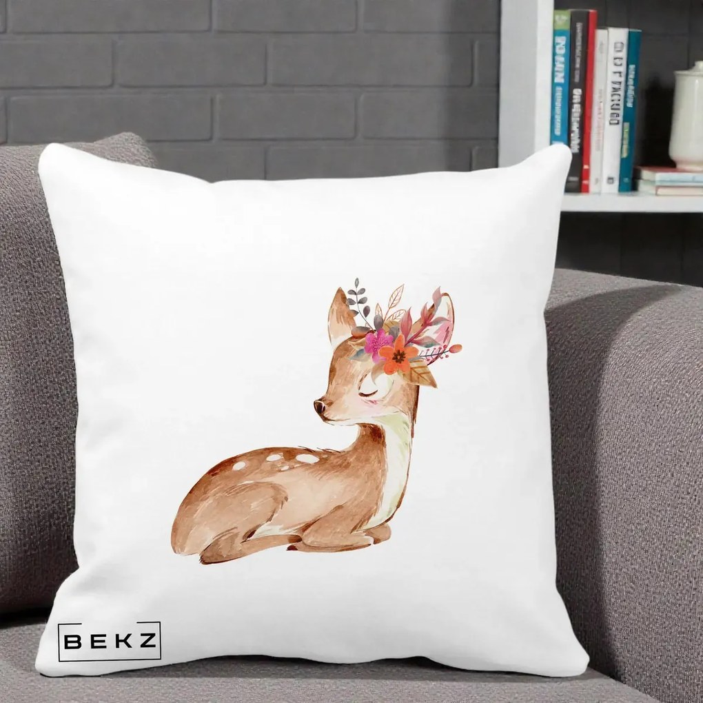 Perna Decorativa Caprioara cu Flori in Coama, 40x40 cm, Alba Mata, Husa Detasabila, Perna Inclusa, BEKZ®