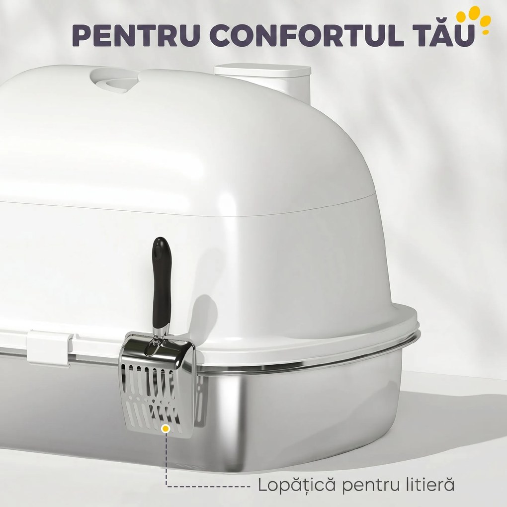 PawHut Litieră închisă pentru pisici L din oțel inoxidabil, cu mâner, lopățică și plic deodorant, anti-risipire, albă | Aosom Romania