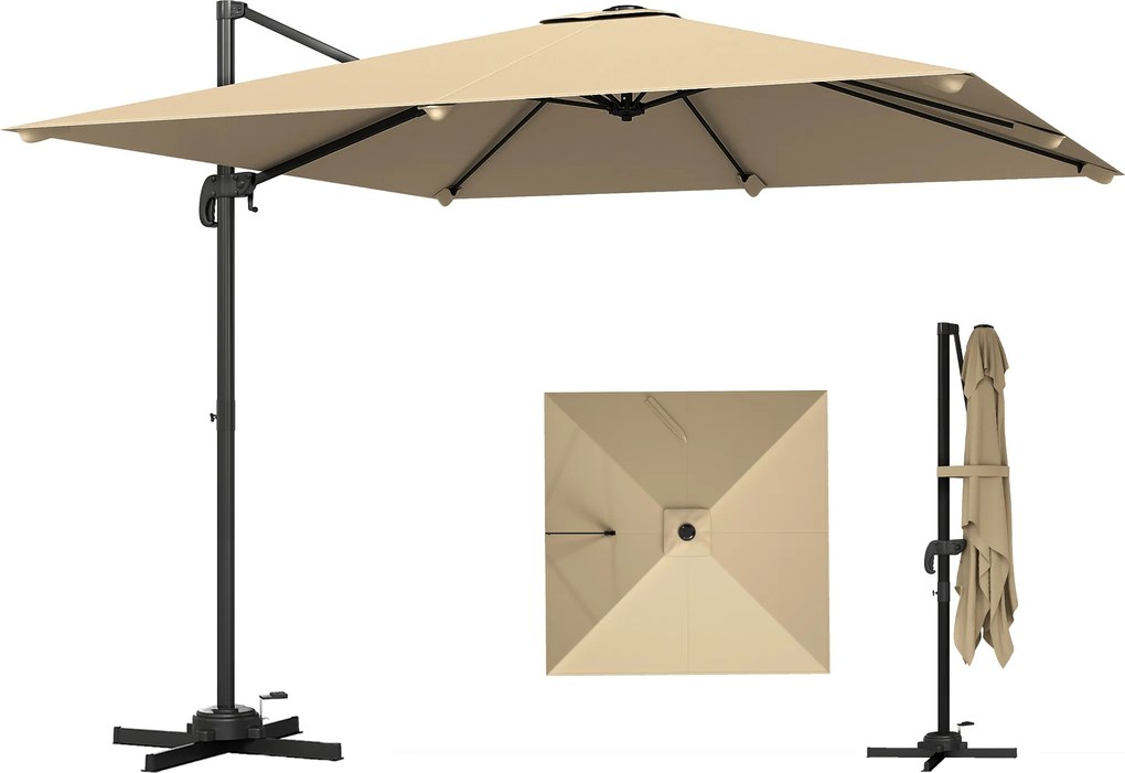 Outsunny Umbrelă cu stâlp lateral pătrată 3 x 3 m, umbrelă de grădină pentru exterior, rotire 360°, înclinabilă 5 poziții, bază în cruce, kaki | Aosom Romania