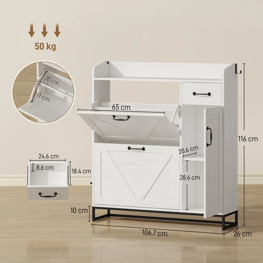 HOMCOM Pantofar îngust cu 2 sertare basculante și polițe reglabile pentru 12 perechi, pentru spații reduse, 106,7x26x116 cm, Alb | Aosom Romania