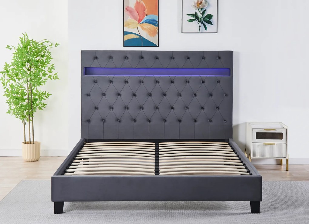 Pat Tapitat Catifea cu Iluminare LED, Somiera si Saltea Inclusa ,   Gri 160x200 cm   Cod FB-18