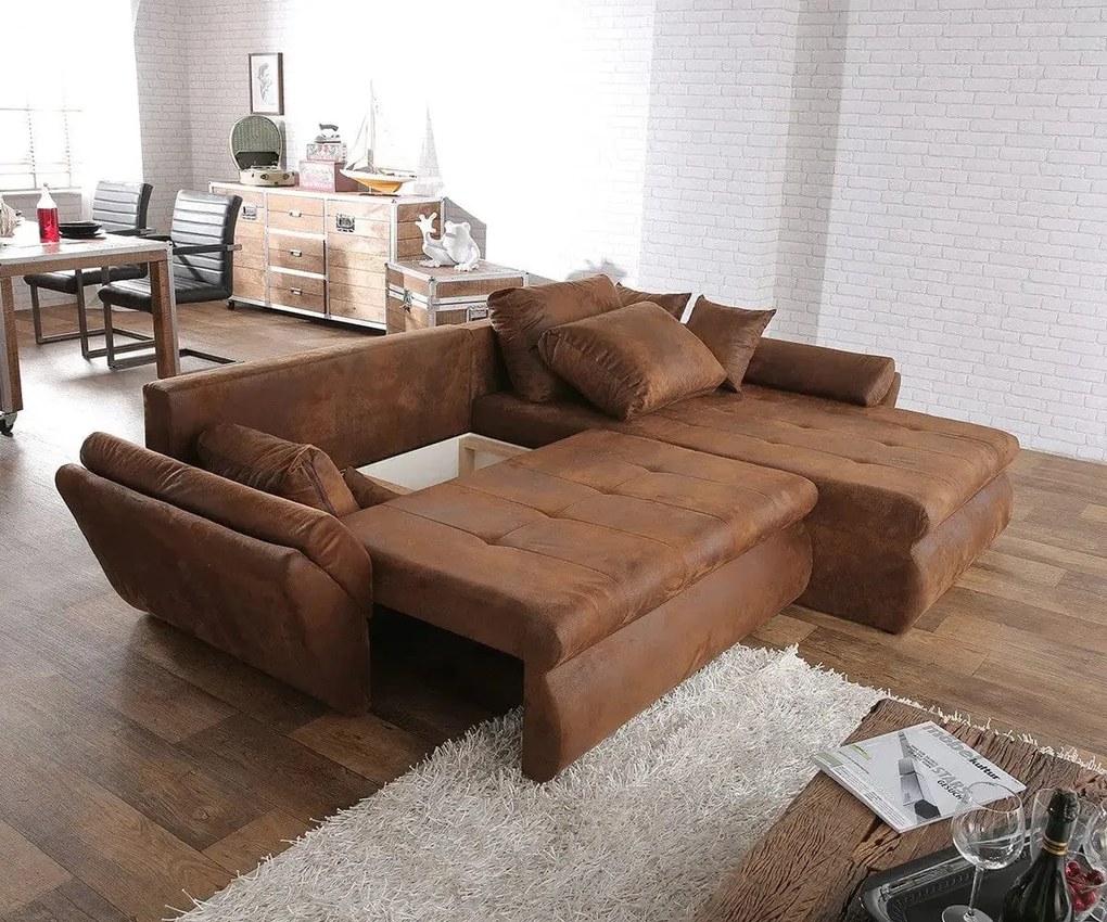 Colțar extensibil dumonde cu ladă de depozitare si sezut confortabil din spuma high-density, Loana Madagaskar Brown 270x185 cm