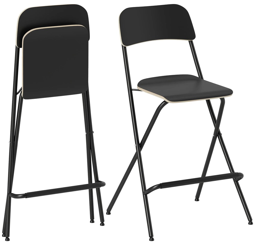 HOMCOM Set de 2 scaune de bar pliante cu cadru din oțel, pentru bucătărie, negru | Aosom Romania