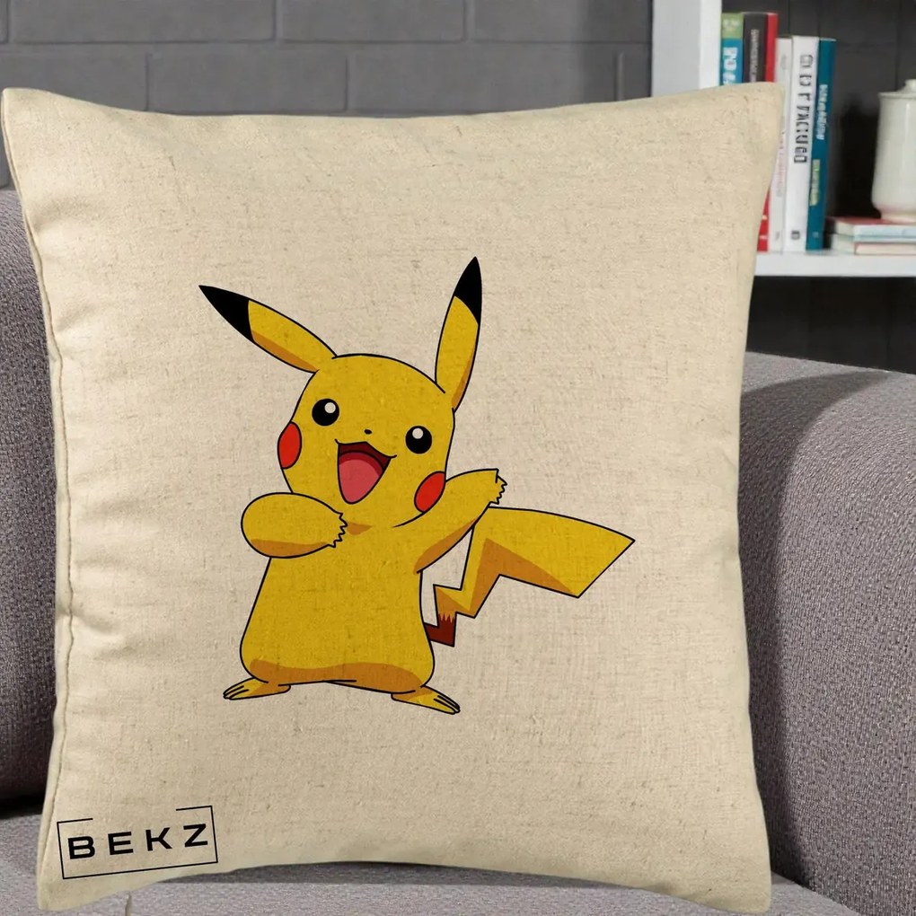 Perna Personalizata Pikachu Fericit, 40x40 cm, Bej, Husa Detasabila, Perna Inclusa, BEKZ®