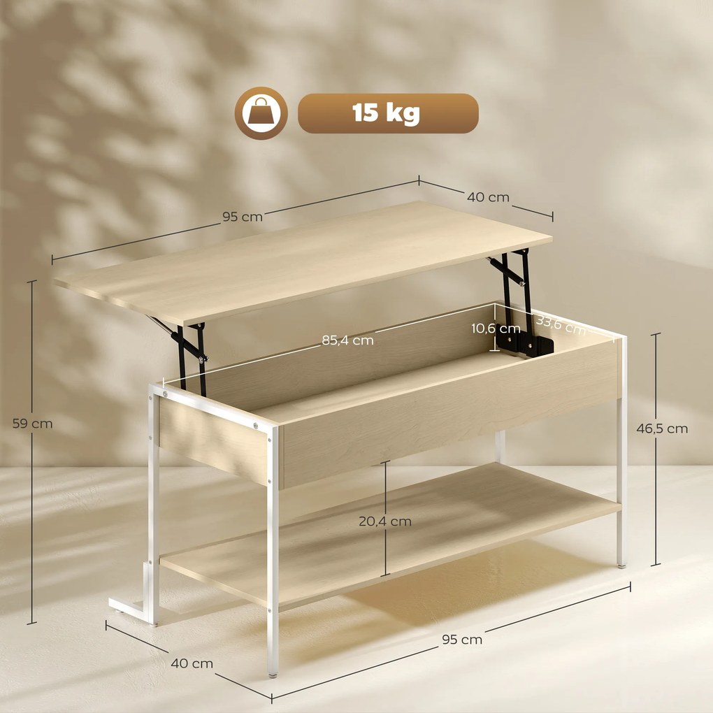 HOMCOM Masă de Cafea Extensibilă cu Închidere Blândă Spațiu Ascuns de Depozitare și Raft Deschis 95x40x59 cm Lemn Natural și Alb | Aosom Romania