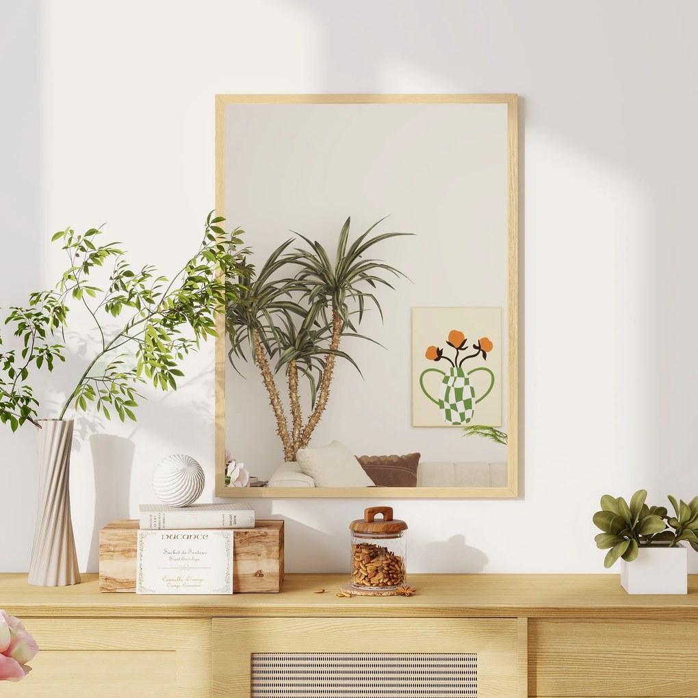 HOMCOM Oglindă de perete dreptunghiulară cu cârlige, din sticlă și MDF, 60x80 cm, finisaj lemn | Aosom Romania