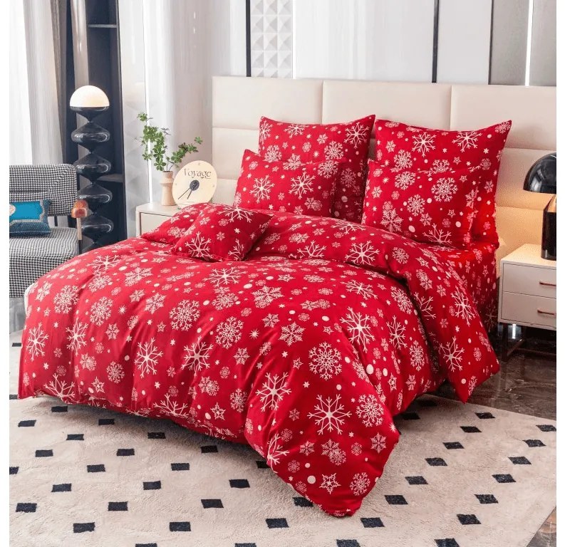 Set lenjerie de pat din bumbac SNOWFALL rosie + Cearceaf JERSEY EXCLUSIVE 90x200 cm alb, pat de o persoana