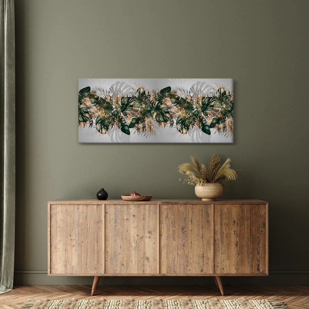 Tablou - Frunze tropicale, Galben - auriu (120x50 cm)