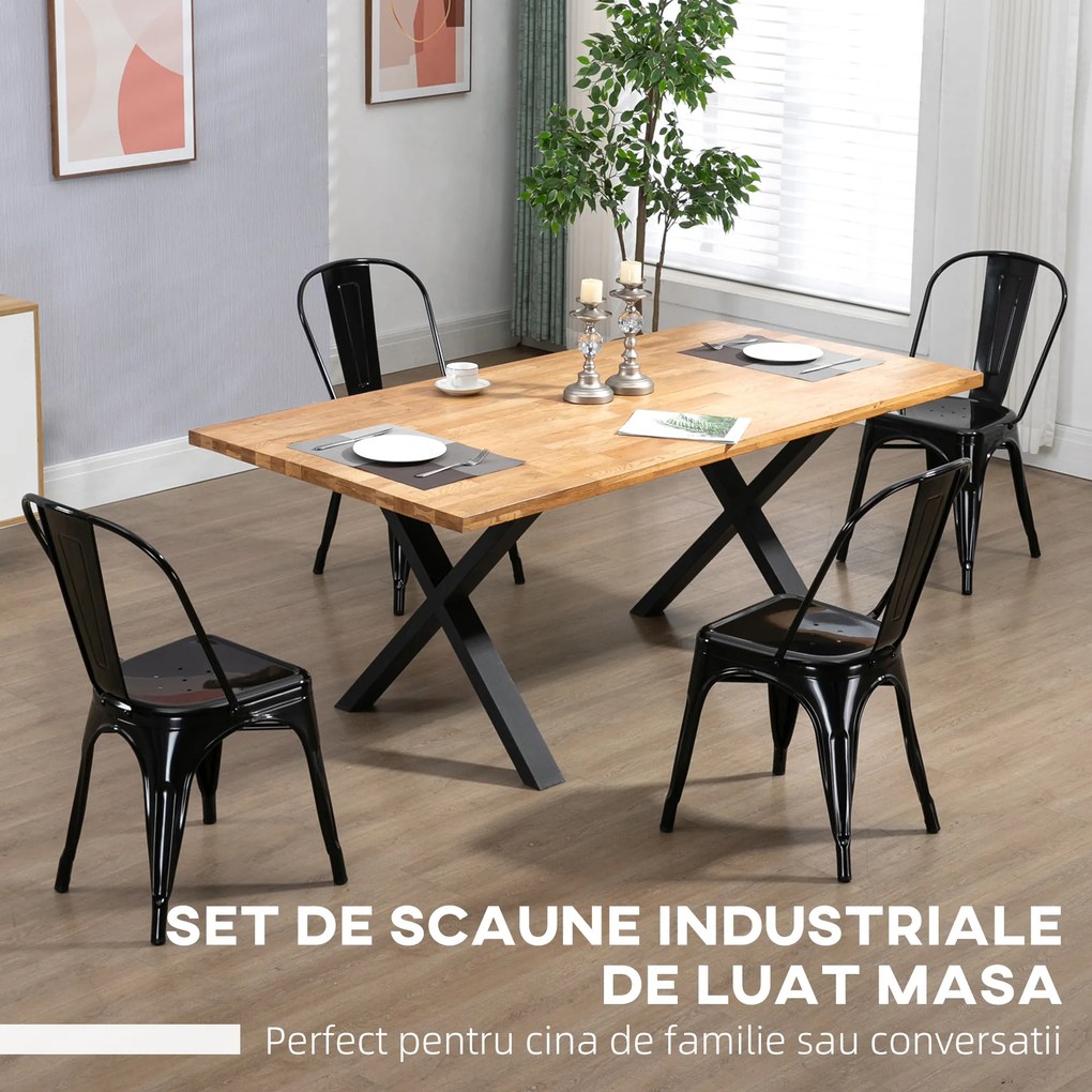 HOMCOM Set 4 Scaune Industriale pentru Masă, Oțel Rezistent, Stivuibile, cu Spătar Confortabil, Negru | Aosom Romania