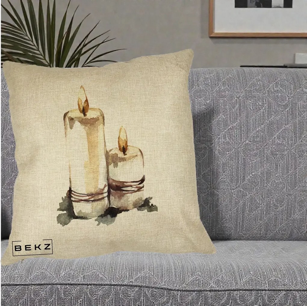 Perna Decorativa Lumanari Acuarela Iarna, 40x40 cm, Crem, Husa Detasabila, Perna Inclusa, BEKZ®