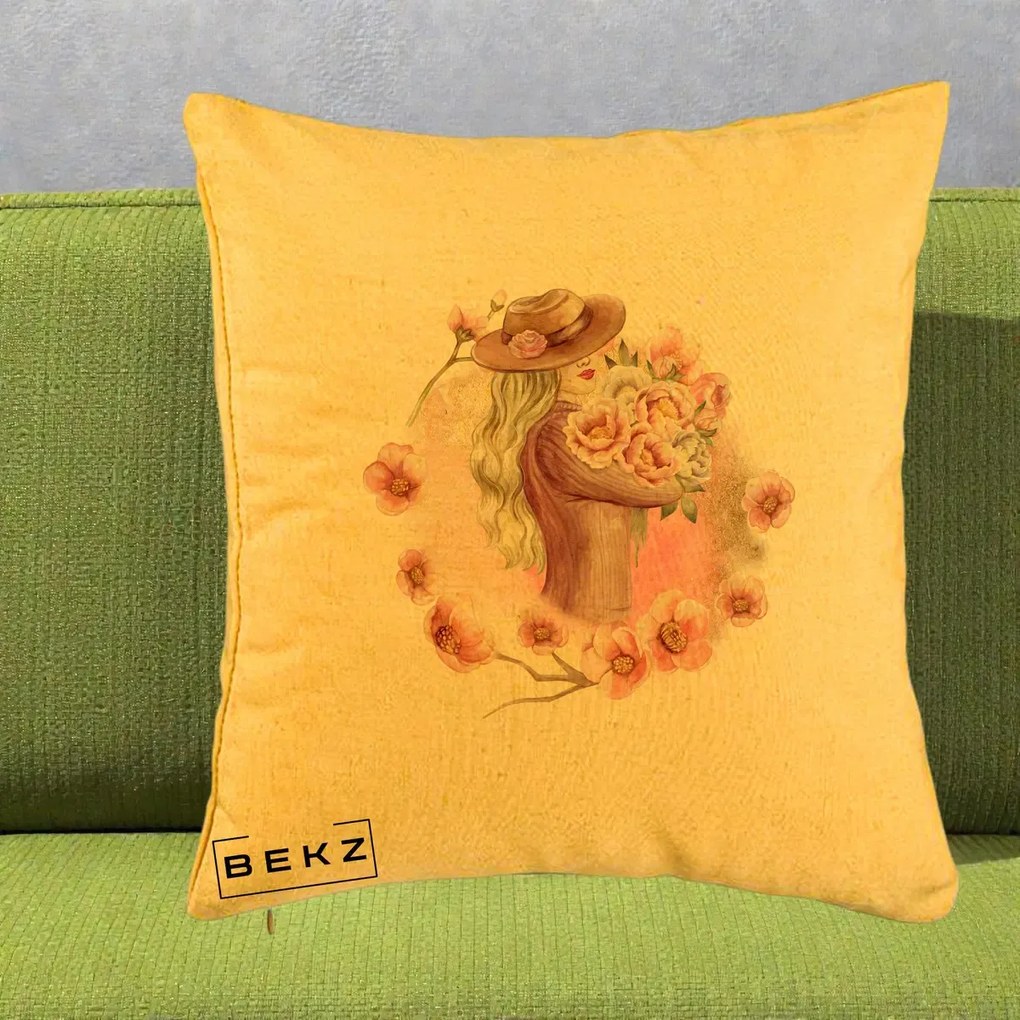 Perna Decorativa Femeie cu Flori Roz Acuarela, 40x40 cm, Galben, Husa Detasabila, Perna Inclusa, BEKZ®