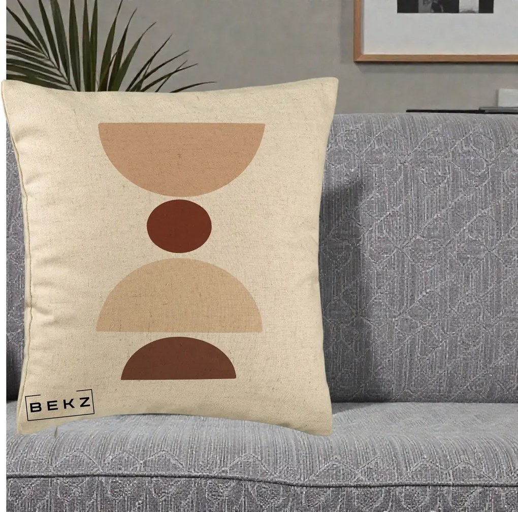 Perna Decorativa Geometric Boho Cerc si Boluri, 40x40 cm, Bej, Husa Detasabila, Perna Inclusa, BEKZ®