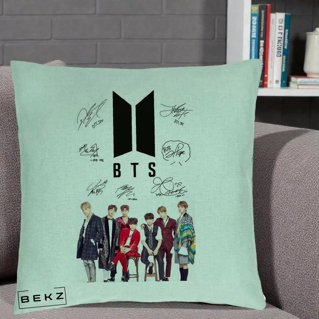 Perna Personalizata K-pop BTS Semnaturi Foto, 40x40 cm, Verde Menta, Husa Detasabila, Perna Inclusa, BEKZ®