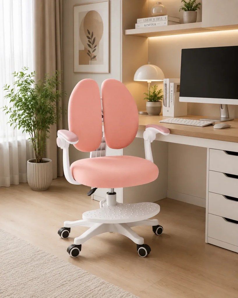 Scaun ergonomic pentru copii, spatar reglabil, suport picioare reglabil, rotativ, Roz