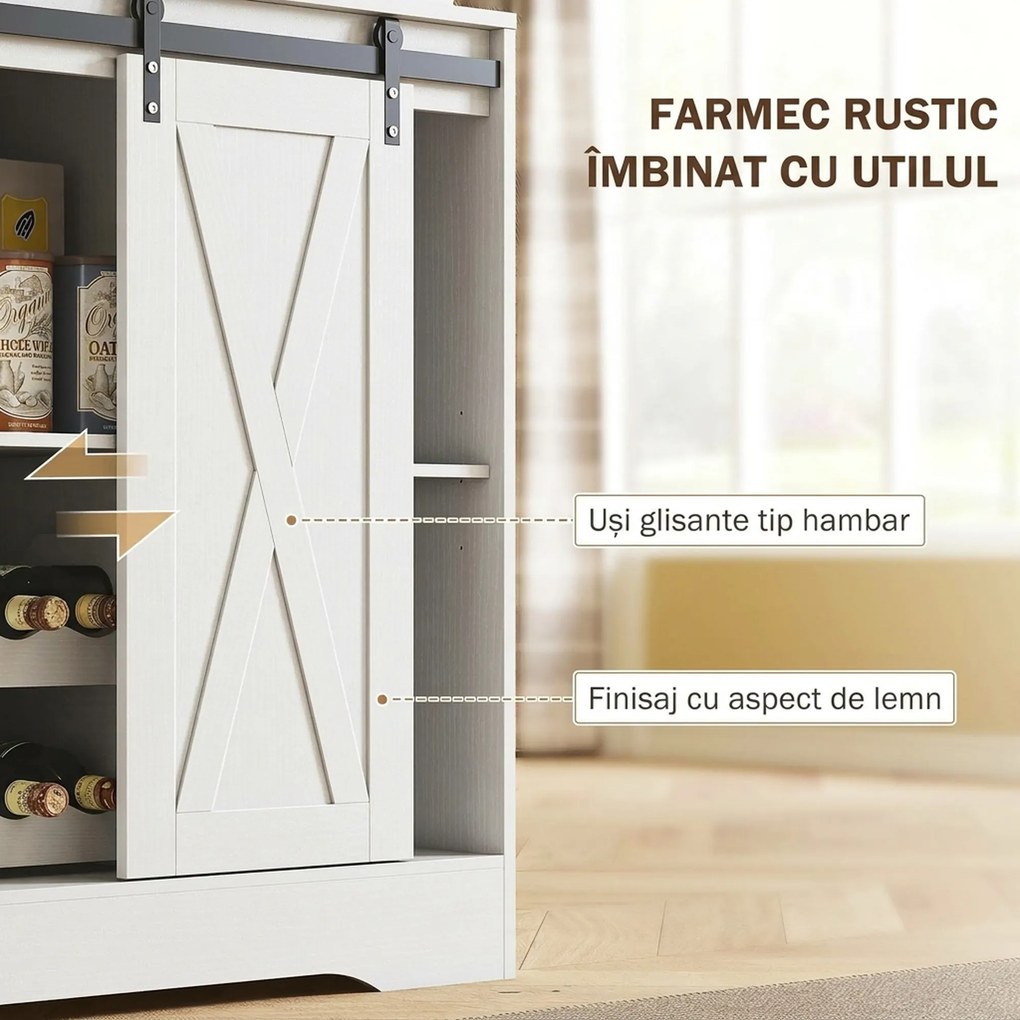 HOMCOM Servantă de Bucătărie Rustică 180 cm, Dulap cu Priză de Alimentare, Lumini LED, Suport pentru Sticle, Suprafață pentru Cuptor cu Microunde, Rafturi Deschise, Uși Glisante, Orificiu pentru Cabluri, Alb | Aosom Romania