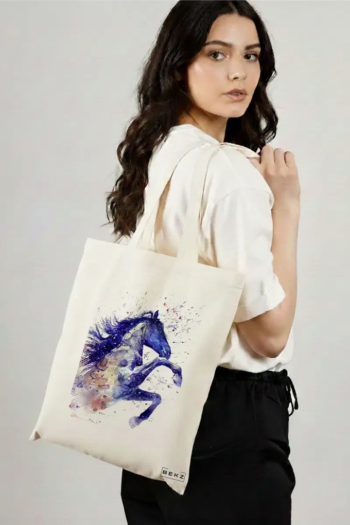 Sacosa de Panza pentru Cumparaturi, Geanta Tote, model Watercolor Horse, 38x34.5 cm, Alba, BEKZ®