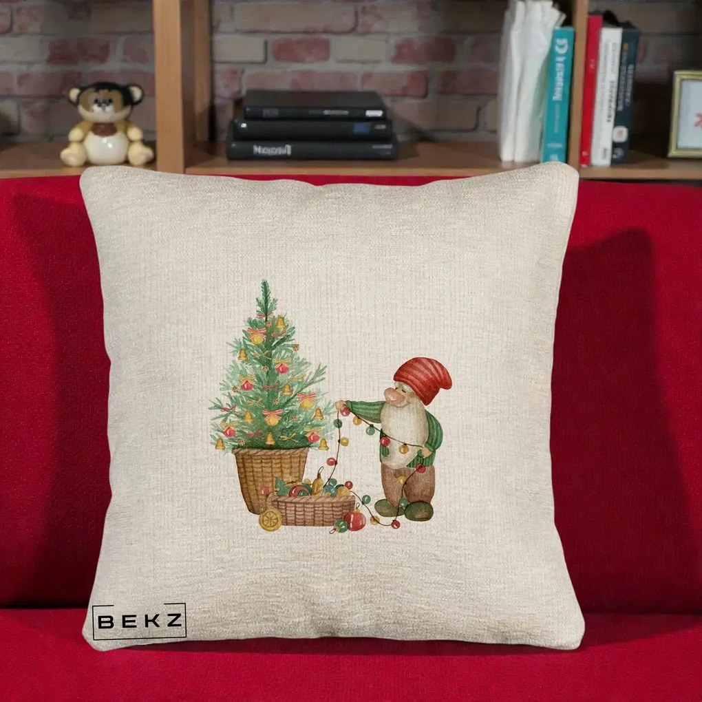 Perna Decorativa Pitic de Craciun cu Brad, 40x40 cm, Bej Canapea, Husa Detasabila, Perna Inclusa, BEKZ®