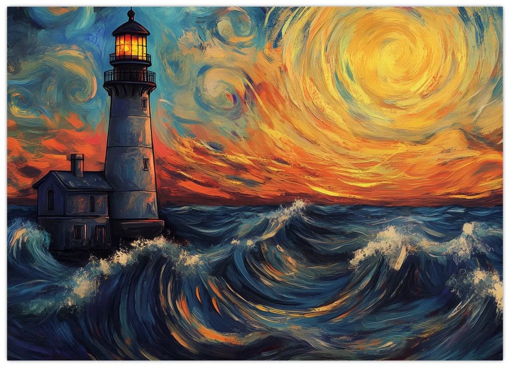 Tablou pe sticlă - Far în valuri (70x50 cm)