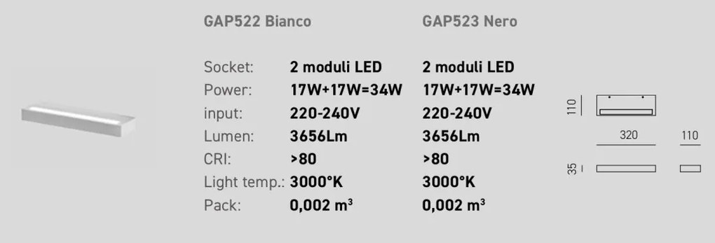 Aplica de perete lumina ambientala LED GAP DOUBLE alb L-32cm, 3000K