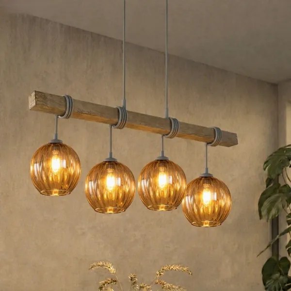 Brilagi - Lustră suspendată pe cablu WOOD GLASS 4xE27/60W/230V pin/gri/maro fumuriu