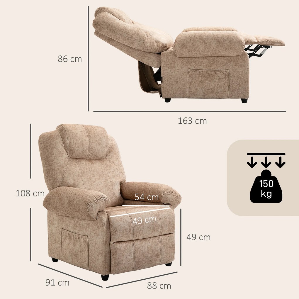 HOMCOM Fotoliu cu Înclinare Manuală Tapițat cu Suport Retractabil pentru Picioare și Buzunare Laterale, 88x91x108 cm, Bej | Aosom Romania