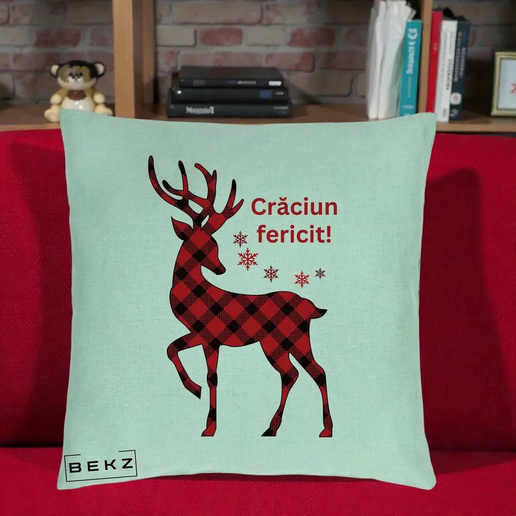 Perna Decorativa Ren Tartan Craciun Fericit, 40x40 cm, Verde Menta, Husa Detasabila, Perna Inclusa, BEKZ®