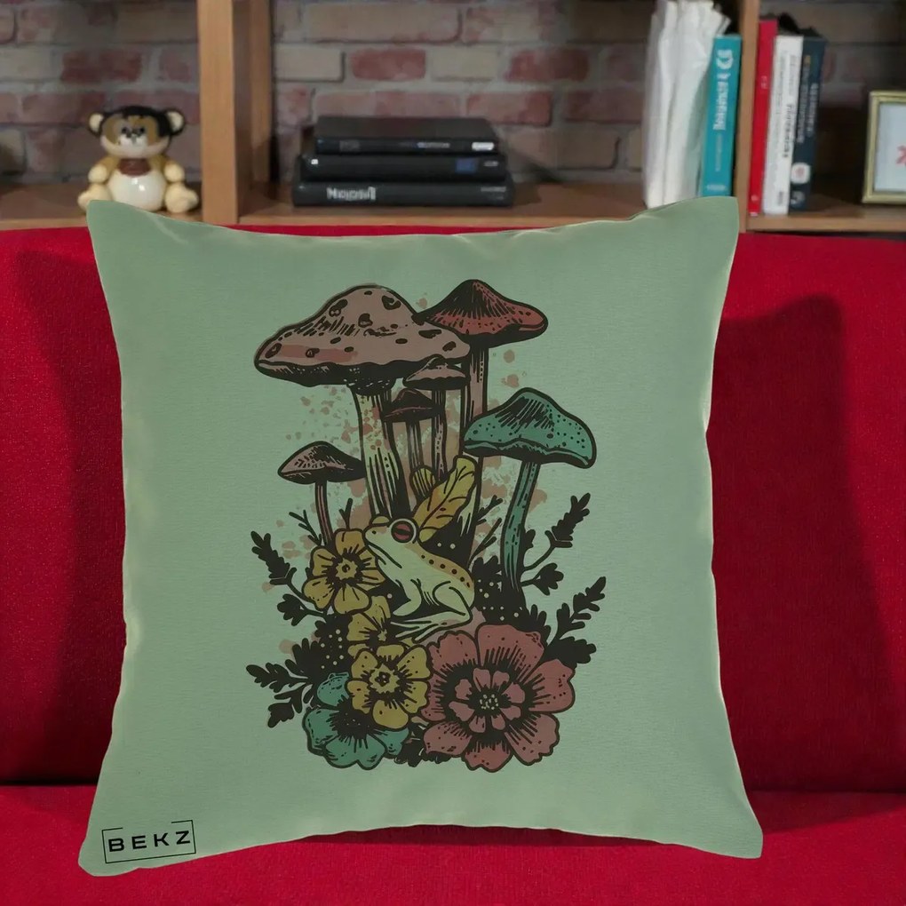 Perna Decorativa Ciuperci si Broaste Boho, 40x40 cm, Verde, Husa Detasabila, Perna Inclusa, BEKZ®