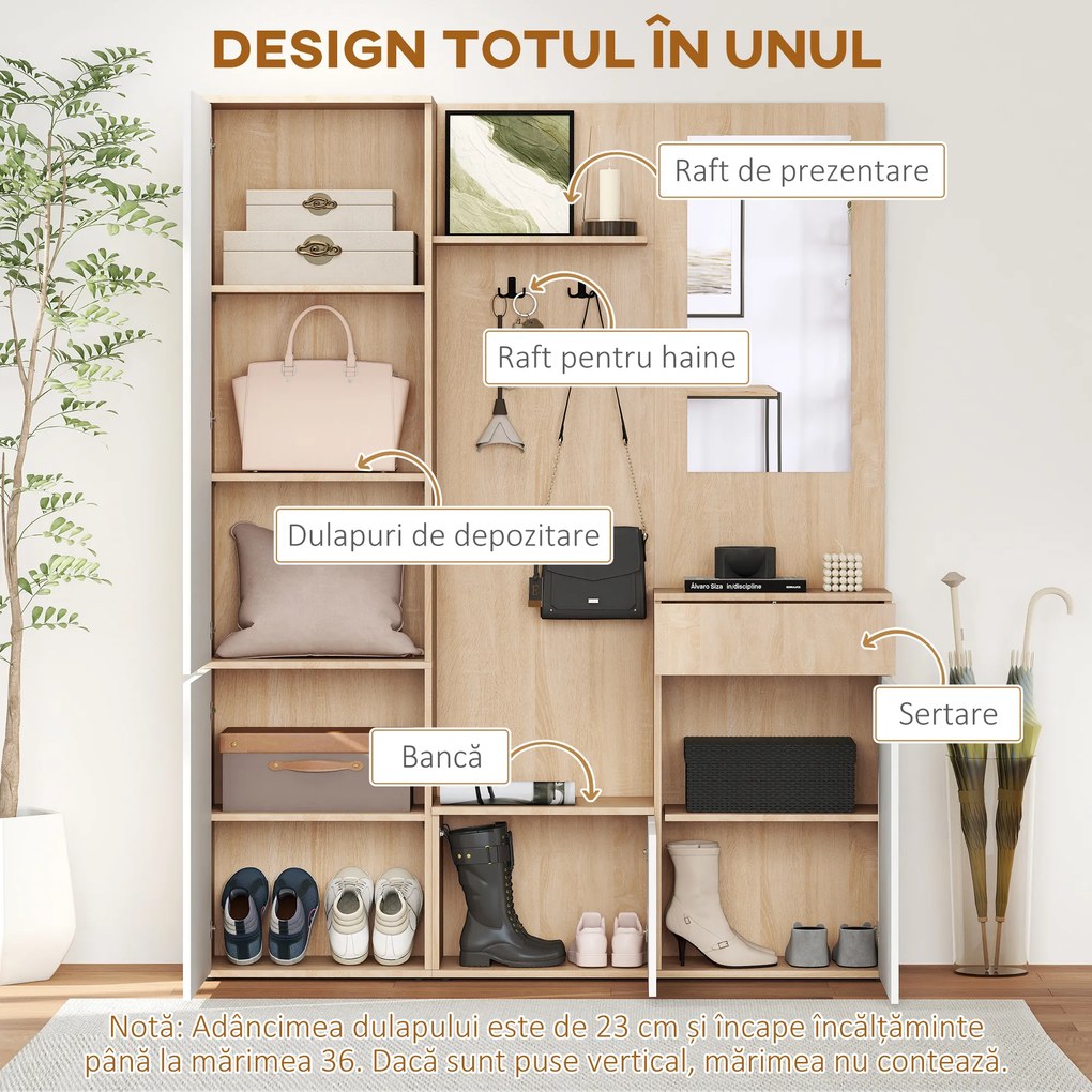 HOMCOM Organizator Multifuncțional pentru Intrare cu Oglindă, Bancă pentru Pantofi, Dulapuri, Suport Haine, Sertar și Raft | Aosom Romania