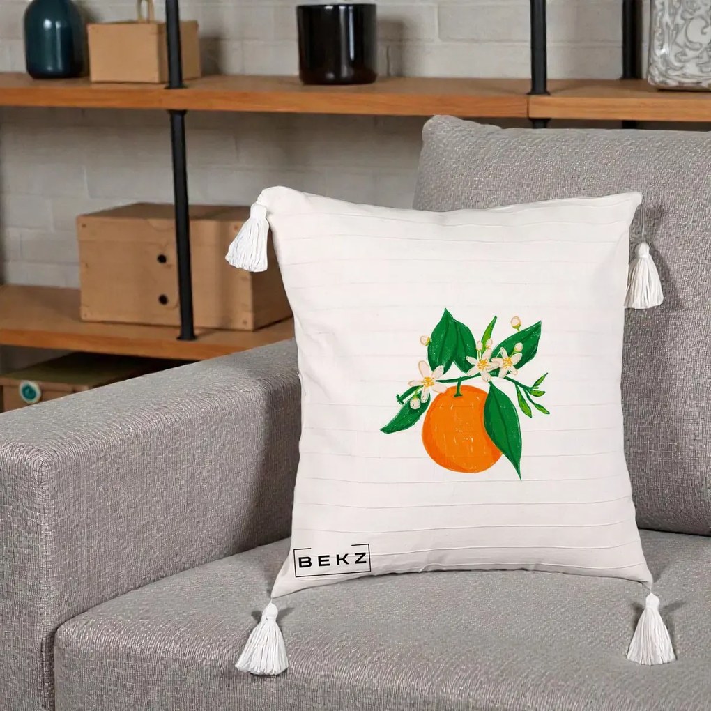 Perna Decorativa Portocala in Floare, 40x40 cm, Bej cu Franjuri, Husa Detasabila, Perna Inclusa, BEKZ®