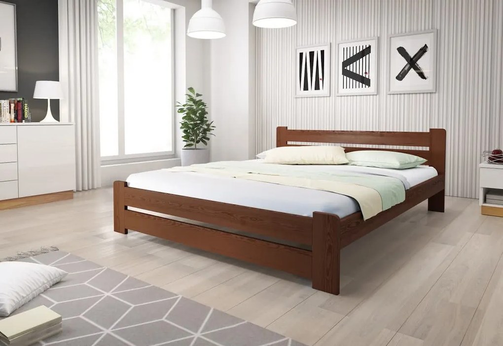 Expedo  Pat din lemn masiv HEUREKA + saltea spumă DE LUX 14 cm + somieră GRATIS 160 x 200 cm, nuc-lac