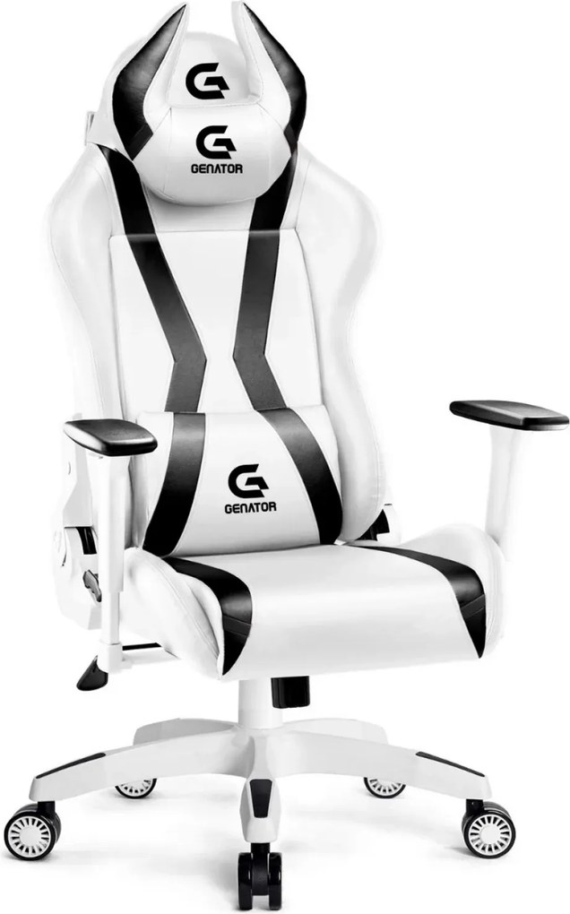 RESIGILAT- Scaun gaming, ergonomic, masaj pernă lombară, brațe reglabile 2D, piele PU, roți silențioase, rezistent 150 KG, Alb/Negru