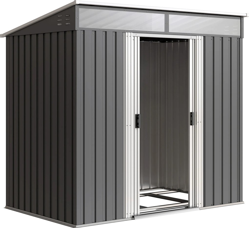 Outsunny Magazie 6,5 x 4 FT din metal galvanizat cu fundatie pentru gradina, Depozit cu incuietoare pentru unelte, Gri