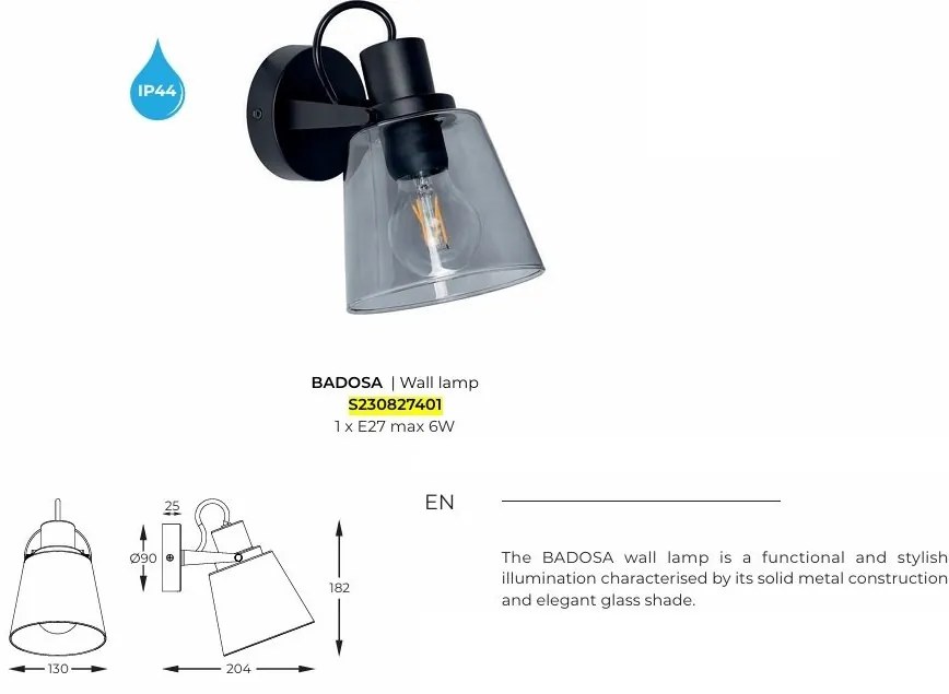 Aplica Pentru Baie, Protectie IP44, Negru, BADOSA